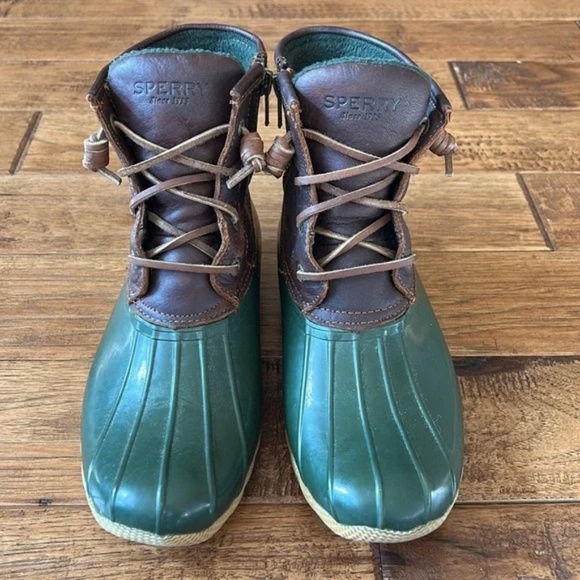 Sperry Top Sider Saltwater Duck Boots Waterproof Leather Rubber Brown Green 7.5 - Picture 4 of 11